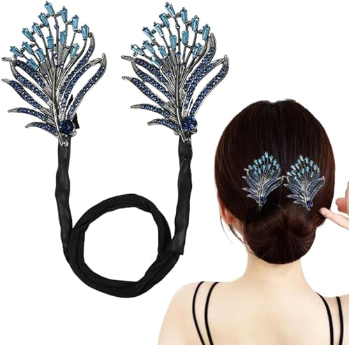 Whale Tail Rhinestone Flower Hair Clip, Lazy Hair Curler Deft Bun Maker, Ocean Blue Feather Hairpin, French Elegant Twist Bun Hairstyle Shaper for Women (Feather) von Qklovni