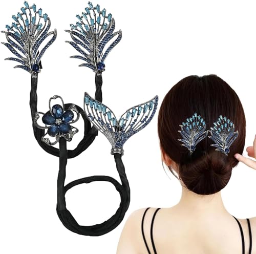 Whale Tail Rhinestone Flower Hair Clip, Lazy Hair Curler Deft Bun Maker, Ocean Blue Feather Hairpin, French Elegant Twist Bun Hairstyle Shaper for Women (Mix 2PC) von Qklovni