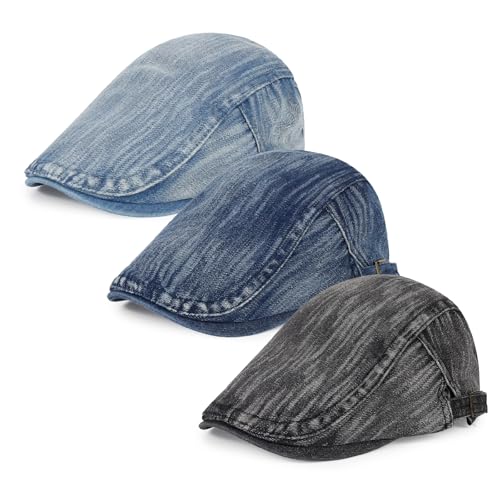 Qlauca 3 Stück Herren-Newsboy-Kappen, Baumwolle, kühlend, leicht, verstellbare flache Kappe, Denim E-dunkelblau + schwarz + mittelblau, Einheitsgr��e von Qlauca