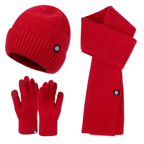 Qlauca Winter Strickmütze Schal Touchscreen Handschuhe Set Weiche Warme Beanie Schals für Damen Herren, C# Rot, Einheitsgröße von Qlauca