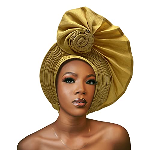 Nigerian Headtie African Head Wraps ASO Oke Gele bereits Made Handmade African Turban Cap for Party (Gold) von QliHut