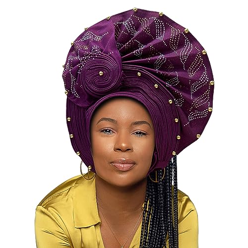 QliHut Nigerian Headtie African Head Wraps Bereits Made Auto Gele African Turban Cap Für Party (lila) von QliHut