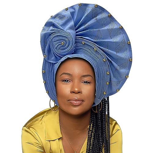 QliHut Nigerianische Headtie Afrikanische Kopfwickel, bereits hergestellt, Auto Gele afrikanische Turban-Kappe für Party (Himmelblau) von QliHut