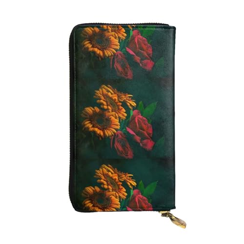 QmeNa Lange Clutch-Geldbörse aus Leder mit Sonnenblume und Rose, mit Reißverschluss, für Dating, Reisen, Einkaufen, Valentinstagsgeschenk, Schwarz , Einheitsgröße von QmeNa