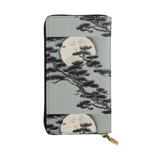 QmeNa Pine Tree Under The Moon Leder-Clutch, lang, mit Reißverschluss, für Dating, Reisen, Einkaufen, Valentinstagsgeschenk, Schwarz , Einheitsgröße von QmeNa