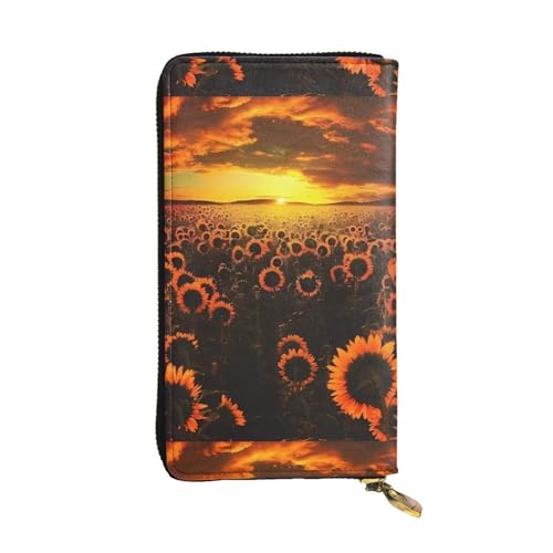 QmeNa Sunflower Field Sunset Sea of Flowers Leather Long Clutch Wallet with Zipper for Dating Travel Shopping Valentine's Day Gift, Schwarz , Einheitsgröße von QmeNa