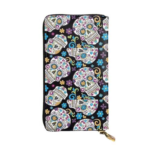 QmeNa Totenkopf mit Blumen (1) Lange Clutch-Geldbörse aus Leder mit Reißverschluss für Dating, Reisen, Einkaufen, Valentinstagsgeschenk, Schwarz , Einheitsgröße von QmeNa