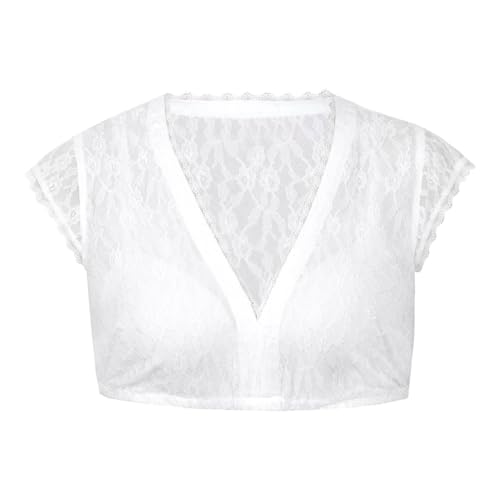 Qmfvqi Dirndl Bluse Spitze Weiß Dirndlbluse Spitze Weiß Schwarz Elegant Halbarm Kurzarm Trachtenbluse Spitzenbluse Sexy V Ausschnitt Spitze Hollow Out Transparent Tracht Bluse Oktoberfest Kostüm von Qmfvqi