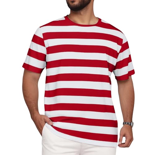 Qmfvqi Ringelshirt Herren Rot Weiss Karneval Gestreiftes Kurzarm T-Shirts Ringelshirt Bluse Bequem Lässig Gestreifte T-Shirt Matrosen Kostüm Karneval Oberteile Basic Casual Rundhals Top Matrosen von Qmfvqi