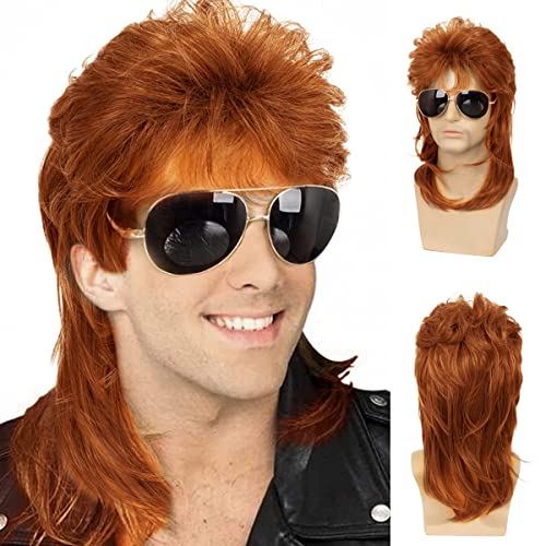 Herren Vokuhila Perücken Orange Lockig 70er 80er Jahre Cosplay Kostüm Perücke Retro Punk Rocker Disco Synthetische Vollperücken von Qnbiar