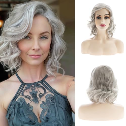 Qnbiar Kurze Lockige Wellige Perücke für Frauen Natürliche Graue Kunsthaar Perücken von Qnbiar