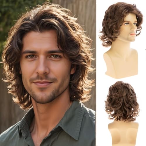 Qnbiar Männer Perücken Kurze Lockige Braune Perücke Kurze Lockige Wellige Cosplay Halloween Kostüme Perücke von Qnbiar