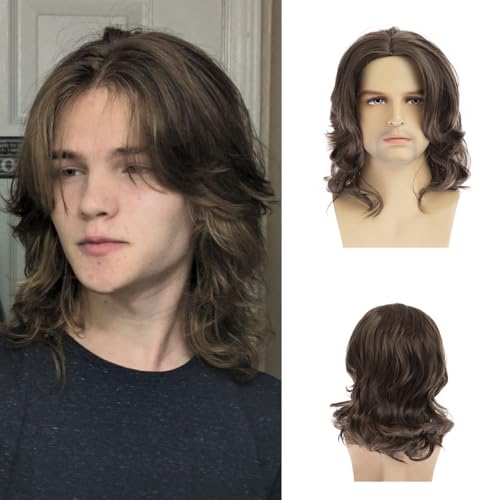 Qnbiar Herren Lang Braun Wellenperücke Synthetisch Hitzebeständig Alltag Party Kostüm Halloween Perücke von Qnbiar