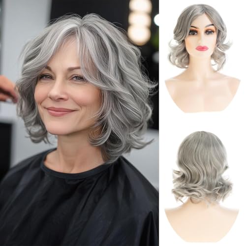 Qnbiar Graue Perücke Damen Kurze Welle Lockige Flauschige Haare Synthetische Halloween Cosplay Kostüm Perücke von Qnbiar