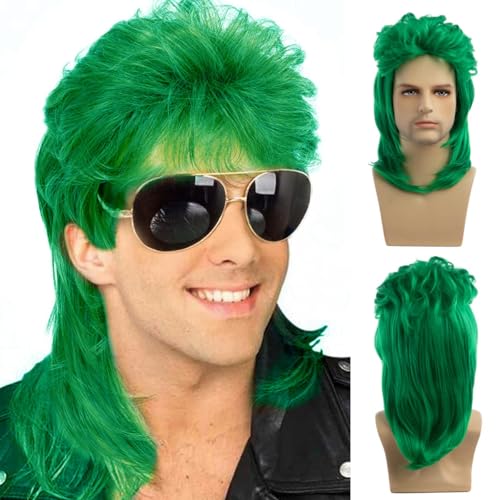 Qnbiar Herren Mullet Perücke Grün Locken 70er 80er Vintage Cosplay Kostüm Perücke Metall Rocker Disco Fancy Show Perücke von Qnbiar