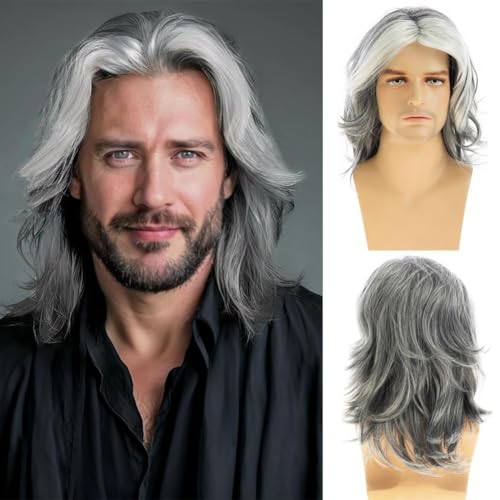 Qnbiar Herren Perücke Grau Lang Gerade Synthetische Hitzebeständige Kostüm Cosplay Perücke von Qnbiar