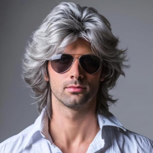 Qnbiar Herren Perücke Rocker Grau Perücke Kurz Schichten Flauschig Synthetische Halloween Cosplay Kostüm Herrenhaar von Qnbiar