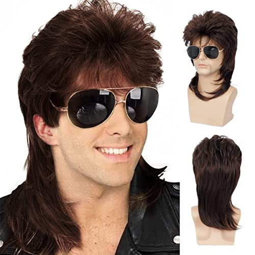 Qnbiar Herren Vokuhila Perücke Braun Lockig 70er 80er Cosplay Kostüm Halloween Perücke Retro Disco Punk Rocker Perücken von Qnbiar