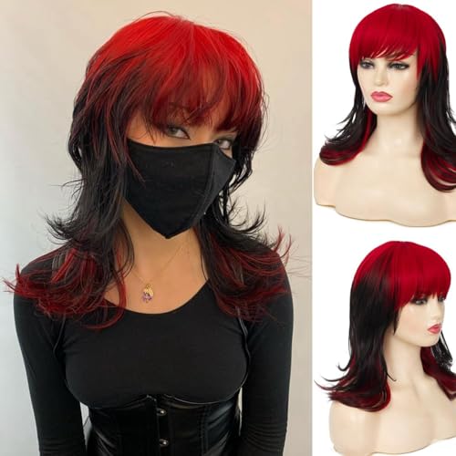 Qnbiar Lang Rot Schwarz Perücke Layered Flauschige Perücke mit Pony Weiche Synthetische Cosplay Perücke Damen von Qnbiar