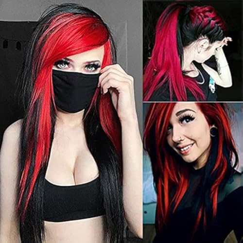 Qnbiar Lang Rot Schwarz Perücke Seidig Gerade Synthetische Hitzebeständige Seitenpony Halloween Kostüm Perücke Damen Qnbiar Lang Rot Schwarz Perücke Seidig Gerade Synthetische Hitzebeständige Seitenpony Halloween Kostüm Perücke Damen von Qnbiar
