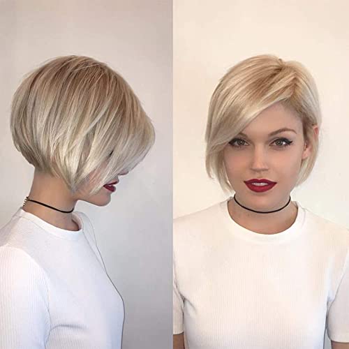 Qnbiar Weiße Frauen Kurze Blonde Perücke Synthetische Seite Gerade Bob Perücke Halloween Party Cosplay Haar mit Kapuze von Qnbiar