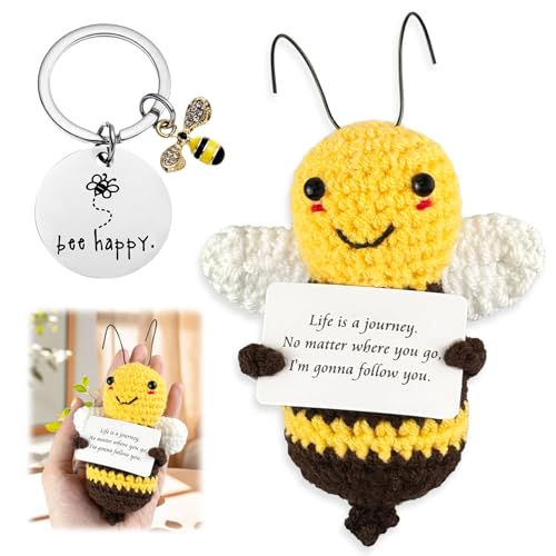 Qnynnty Positive Biene Gehäkelt Pocket Hug Biene Geschenk Positive Energie Schlüsselanhänger mit Glücksbringer Karte Niedliche Häkelbiene Puppe für Freunde Geburtstag Lustige Deko von Qnynnty