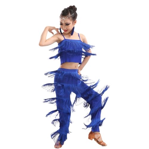 Kinder Mädchen Fransen Performance Ballsaal Kostüm, Crop Top + Hose, 2 Stück, Salsa Tango Quaste Latein Tanzkleid Wettbewerb Tanzkostüme von Qodpxxi
