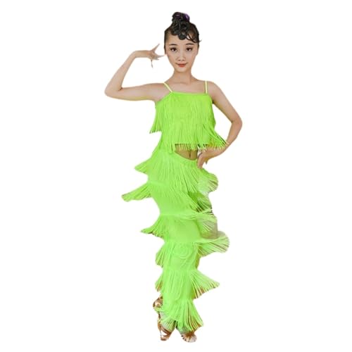 Kinder Mädchen Fransen Performance Ballsaal Kostüm, Crop Top + Hose, 2 Stück, Salsa Tango Quaste Latein Tanzkleid Wettbewerb Tanzkostüme von Qodpxxi