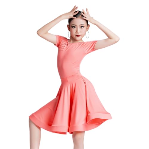 Mädchen-Latein-Jazz-Tanzkleid, kurze Ärmel Trikot Tanzrock Gesellschaftstanz Performance-Kostüm für lateinamerikanische Salsa, Rumba, Samba, Tango, Rock, Tanzbekleidung, 160cm,Orange von Qodpxxi