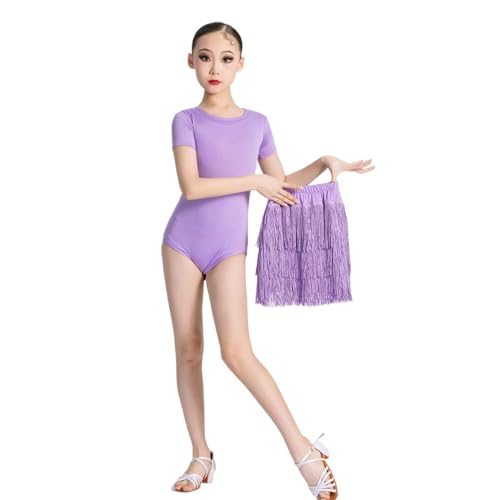 Qodpxxi Kinder Mädchen Tanz Fransenrock Mädchen Gymnastik Ballett Latein Tanzkleidung Kostüm Kurze Ärmel Lagen + Fransenrock 2-teiliges Outfit Wettbewerb Tanzrock von Qodpxxi