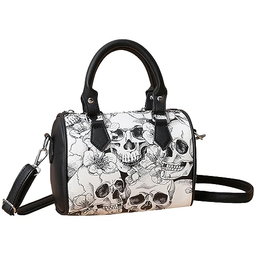 Qoier Totenkopf-bedruckte Punk-Umhängetasche mit Reißverschluss, Damen-Handtasche, verstellbarer Riemen, PU-Leder mit Tragegriff, Hobo-Tasche for Party, Festival, Shopping (weiß) von Qoier