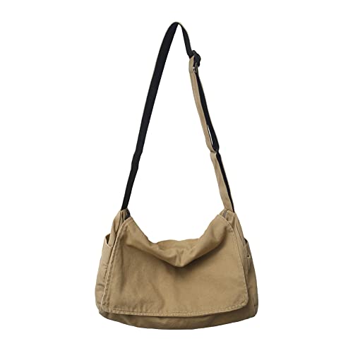 Retro Washed Canvas Schultertaschen Frauen Große Kapazität Hobo Reißverschluss Tasche Crossbody Handtaschen Frauen Geldbörse Messenger Bag, khaki von Qoier