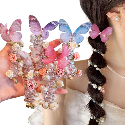 5 x Telefondraht-Haarbänder, Spiralhaargummis, Perlen-Haargummis, dekorative Haargummis, keine Beschädigung, Pferdeschwanz-Halter, Schmetterlings-Blumen, Perlen, Haargummis für Frauen und Mädchen 5 x Telefondraht-Haarbänder, Spiralhaargummis, Perlen-Haargummis, dekorative Haargummis, keine Beschädigung, Pferdeschwanz-Halter, Schmetterlings-Blumen, Perlen, Haargummis für Frauen und Mädchen von Qojai