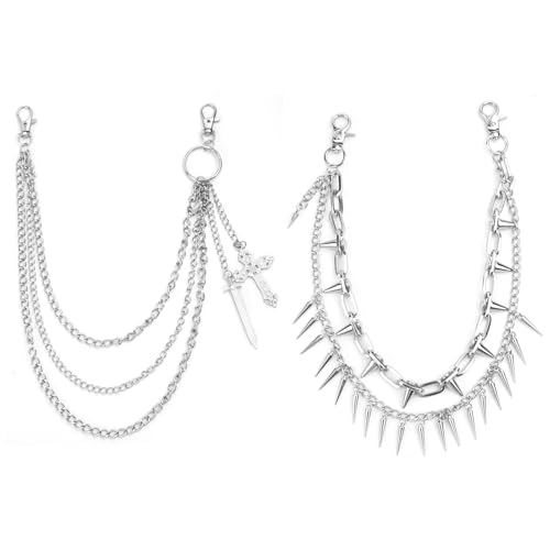 2 Pack Jeansketten für Herren, Geldbörsenketten mit Kreuzschwert-Charms und Nieten-Design, Punk-Hosenketten für Hip Hop und Rock-Stil, Vintage-Metall-Kleidungszubehör 2 Pack Jeansketten für Herren, Geldbörsenketten mit Kreuzschwert-Charms und Nieten-Design, Punk-Hosenketten für Hip Hop und Rock-Stil, Vintage-Metall-Kleidungszubehör von Qoncosy