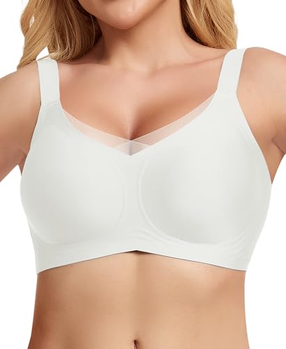 QooNoo BH Damen Ohne Bügel Push up BH GroBe Brüiste Starker Halt Damen-BHS Bügelloser Bequemern(Weiß - Spitzenkante,L) von QooNoo