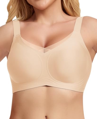 QooNoo BH Damen Ohne Bügel Push up BH GroBe Brüiste Starker Halt Damen-BHS Bügelloser Bequemern(Beige - Spitzenkante,M) von QooNoo