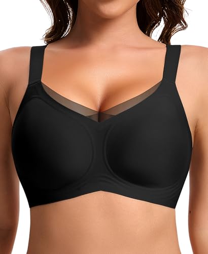 QooNoo BH Damen Ohne Bügel Push up BH GroBe Brüiste Starker Halt Damen-BHS Bügelloser Bequemern(Schwarz - Spitzenkante,M) von QooNoo