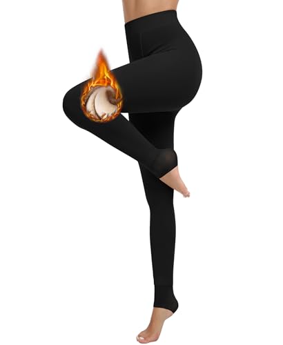 QooNoo Thermo Strumpfhose Damen Gefütterte Strumpfhose Pantyhose,Fleece Thermostrumpfhose Strumpfhosen Damen Winter Gefälschte Durchscheinend Leggings(300g Dicke Fleece Steigbügel-Schwarz,L) von QooNoo