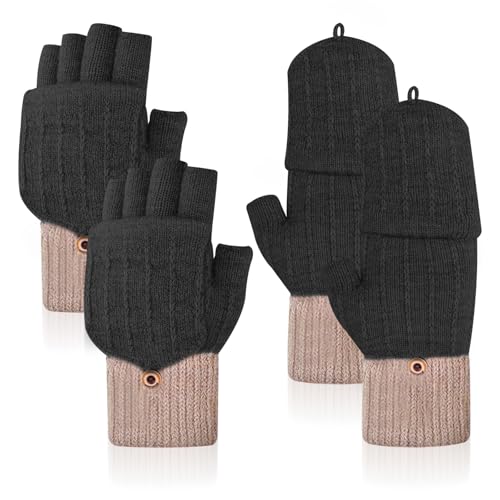 Qooloo 2 Paar Damen Fingerlos Handschuhe, Damen Winter Warme Fäustlinge Strickhandschuhe mit Flip, Fäustlinge Warm Winterhandschuhe,Sport Warm und Winddicht Winterhandschuhe von Qooloo
