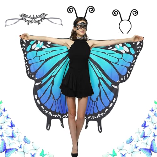 Qooloo Damen Schmetterling Kostüm Damen Schmetterlingsflügel Schmetterling Umhang mit Damen Spitze Maske Schmetterling Haarreif für Party Weihnachten Kostüm Cosplay Karneval (168 * 138cm) von Qooloo