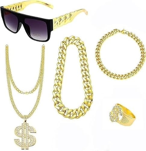 Dollar Kette Set,5 Stücke Hip Hop Kostüm Set, 80er Jahre Kostüm Goldene Dollar Kette 80s/90s Rapper Accessories Hip Hop Schmuck Gold für für Männer Frauen Fasching Karneval von Qooloo