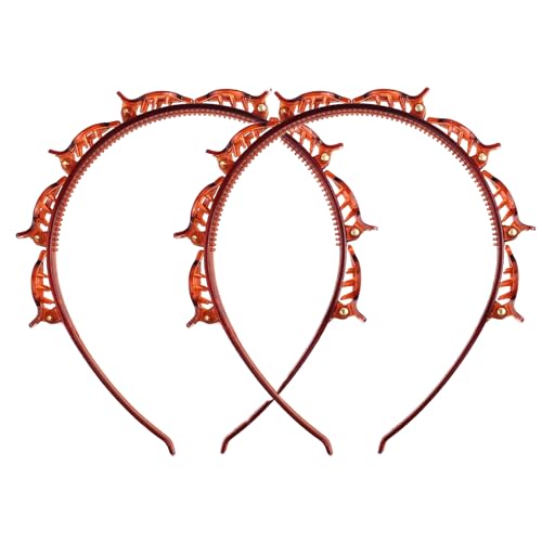 Haarreif Mit Klammern, 2 Stück Haarreifen mit Klammern Twist Braid Headband, Frisurenhilfe Haarreif Rutschfeste, Haarnadeln Friseurbedarf,elegantes Stirnband für Frauen und Mädchen (Braun) von Qooloo