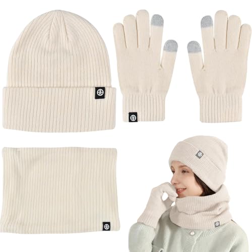 Qooloo Mütze Schal Handschuhe Damen Set, Damen 3-Teilig Strickschal, Wintermütze Mit Schal und Handschuhe Unisex Weiche Warme Strickmütze Winterset für Freizeit Outdoor Skifahren Draußen von Qooloo