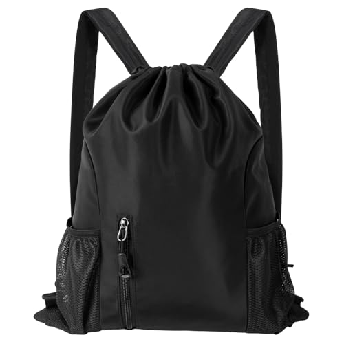 Qoosea Kordelzug-Rucksack Große Kapazität Turnbeutel, Wasserdicht Nylon Sportbeutel, Verstellbar Tunnelzug Gymsack für Damen Herren Sporttasche mit Reißverschluss-Außentasche und Netztaschen (Schwarz) von Qoosea