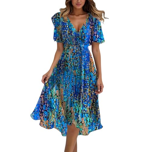 Qosigote Chiffon Boho Lange Kleid Damen mit Gürtel 2025 Sommerkleid Partykleid Elegant V-Ausschnitt Maxikleid Blumenkleid Abendkleid Rüschen Strandkleid Cocktailkleid (Blau B,3XL) von Qosigote