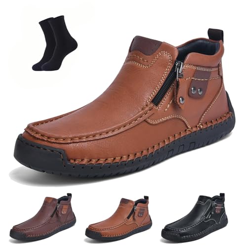 Qosigote Fußwohl Orthopädische Premium-Stiefel, Podoback Schuhe, Wasserdichte Leder Stiefeletten Herren Seitlichem Reißverschluss Und Handgenähtem Design, Bequem Für Arbeit,Outdoor (44,Hellbraun-a) von Qosigote