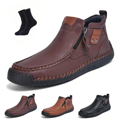 Qosigote Fußwohl Orthopädische Premium-Stiefel, Podoback Schuhe, Wasserdichte Leder Stiefeletten Herren Seitlichem Reißverschluss Und Handgenähtem Design, Bequem Für Arbeit,Outdoor (43,Dunkelbraun-a) von Qosigote