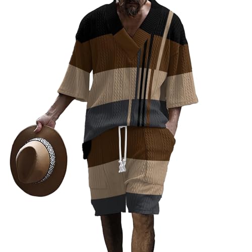 Qosigote Knitted V-Neck Mens Pjs Set - Lightweight Summer Clothes For Men, Matching Shorts And Shirt Sets, Mens Activewear Tracksuit Tops (F,L) von Qosigote