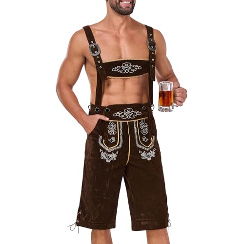 Trachten Lederhose für Herren mit träger - Bequeme Jogginghose Aus Veloursleder - Klassische Lederhose Herren, Trachten Oktoberfest Lederhose (Kaffee,L) von Qosigote
