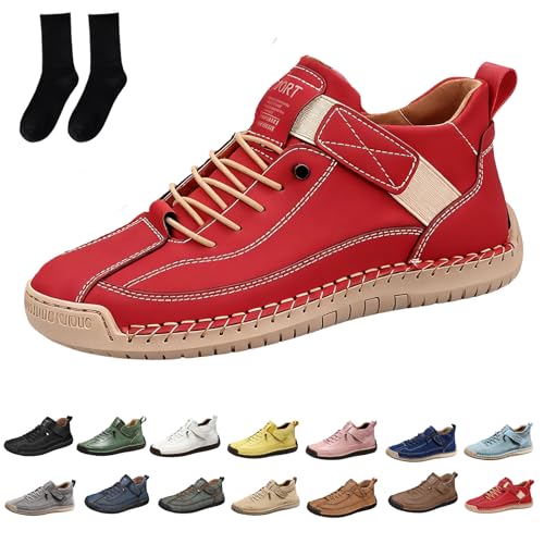 Qosneoun Elira Bequeme, Stützende Sneakers, Barfußschuhe Leder Damen Herren, Weiche, Leichtigkeit, Komfort, Slip On, Schuhe für Langes Stehen (Rot, Erwachsene, 42, Numerisch, EU Schuhgrößensystem, M) von Qosneoun